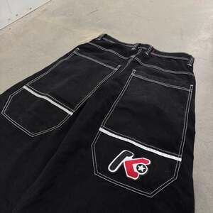 Kik Wear Wide Leg Pants Y2K Raver Skater Denim Shorts Black Streetwear